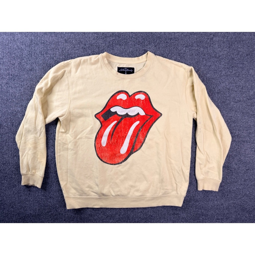 Rolling Stones Sweatshirt Mens Medium Yellow Y2K Graphic Band Crewneck Stains